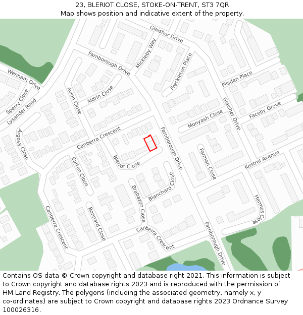 23, BLERIOT CLOSE, STOKE-ON-TRENT, ST3 7QR: Location map and indicative extent of plot