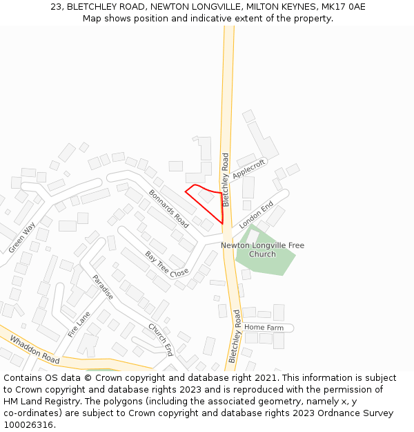 23, BLETCHLEY ROAD, NEWTON LONGVILLE, MILTON KEYNES, MK17 0AE: Location map and indicative extent of plot