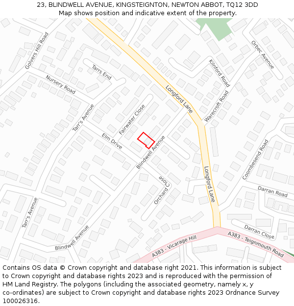 23, BLINDWELL AVENUE, KINGSTEIGNTON, NEWTON ABBOT, TQ12 3DD: Location map and indicative extent of plot