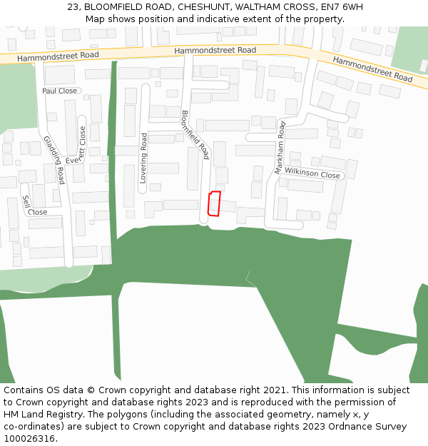 23, BLOOMFIELD ROAD, CHESHUNT, WALTHAM CROSS, EN7 6WH: Location map and indicative extent of plot
