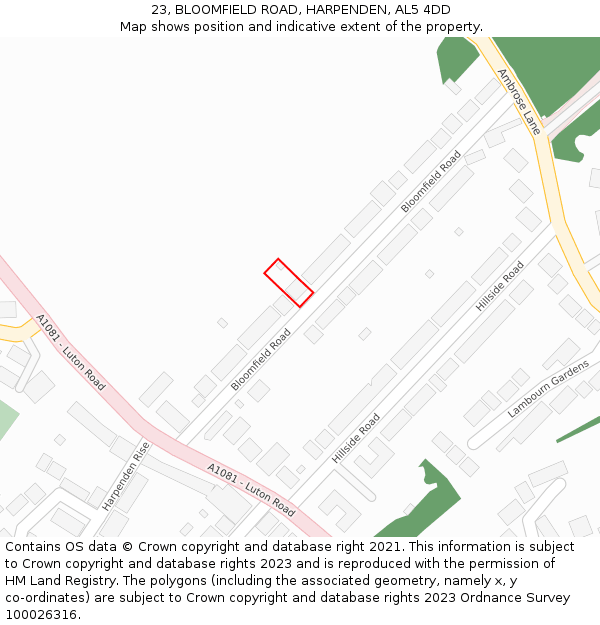 23, BLOOMFIELD ROAD, HARPENDEN, AL5 4DD: Location map and indicative extent of plot