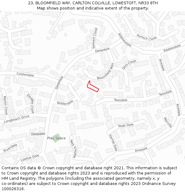 23, BLOOMFIELD WAY, CARLTON COLVILLE, LOWESTOFT, NR33 8TH: Location map and indicative extent of plot