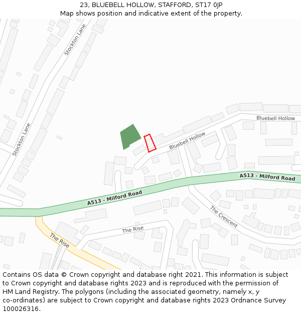 23, BLUEBELL HOLLOW, STAFFORD, ST17 0JP: Location map and indicative extent of plot