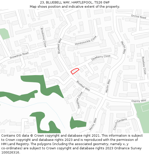 23, BLUEBELL WAY, HARTLEPOOL, TS26 0WF: Location map and indicative extent of plot