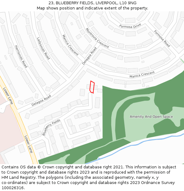 23, BLUEBERRY FIELDS, LIVERPOOL, L10 9NG: Location map and indicative extent of plot