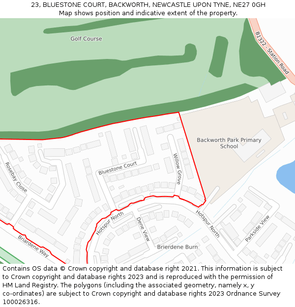 23, BLUESTONE COURT, BACKWORTH, NEWCASTLE UPON TYNE, NE27 0GH: Location map and indicative extent of plot
