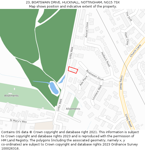 23, BOATSWAIN DRIVE, HUCKNALL, NOTTINGHAM, NG15 7SX: Location map and indicative extent of plot