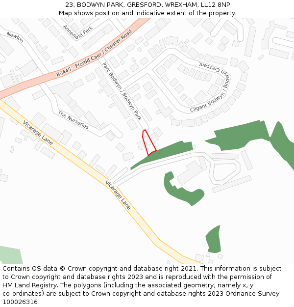 23, BODWYN PARK, GRESFORD, WREXHAM, LL12 8NP: Location map and indicative extent of plot