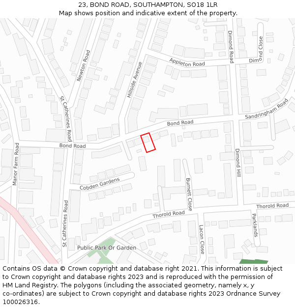 23, BOND ROAD, SOUTHAMPTON, SO18 1LR: Location map and indicative extent of plot