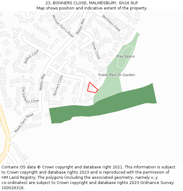 23, BONNERS CLOSE, MALMESBURY, SN16 9UF: Location map and indicative extent of plot