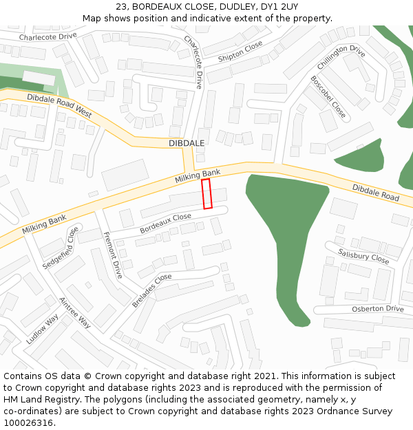 23, BORDEAUX CLOSE, DUDLEY, DY1 2UY: Location map and indicative extent of plot