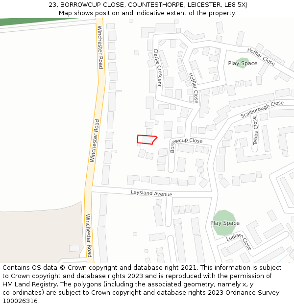 23, BORROWCUP CLOSE, COUNTESTHORPE, LEICESTER, LE8 5XJ: Location map and indicative extent of plot