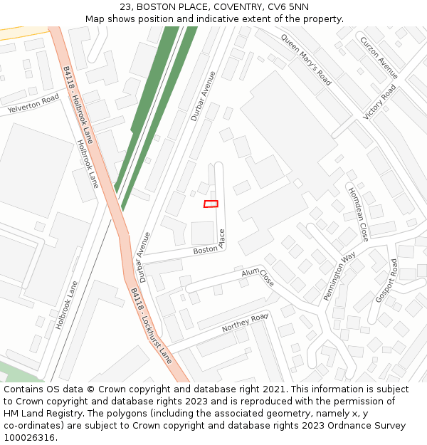 23, BOSTON PLACE, COVENTRY, CV6 5NN: Location map and indicative extent of plot