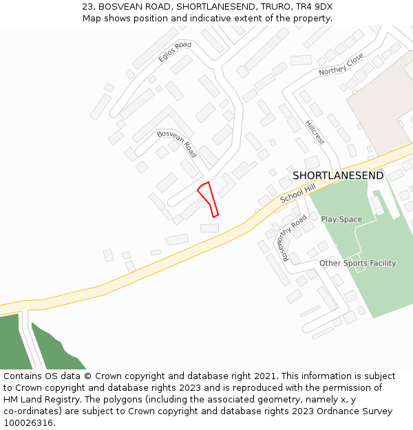 23, BOSVEAN ROAD, SHORTLANESEND, TRURO, TR4 9DX: Location map and indicative extent of plot
