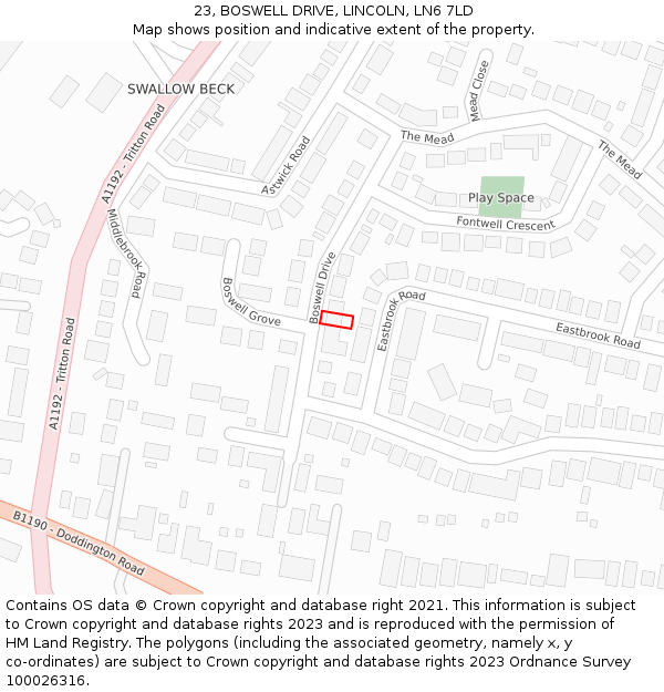 23, BOSWELL DRIVE, LINCOLN, LN6 7LD: Location map and indicative extent of plot