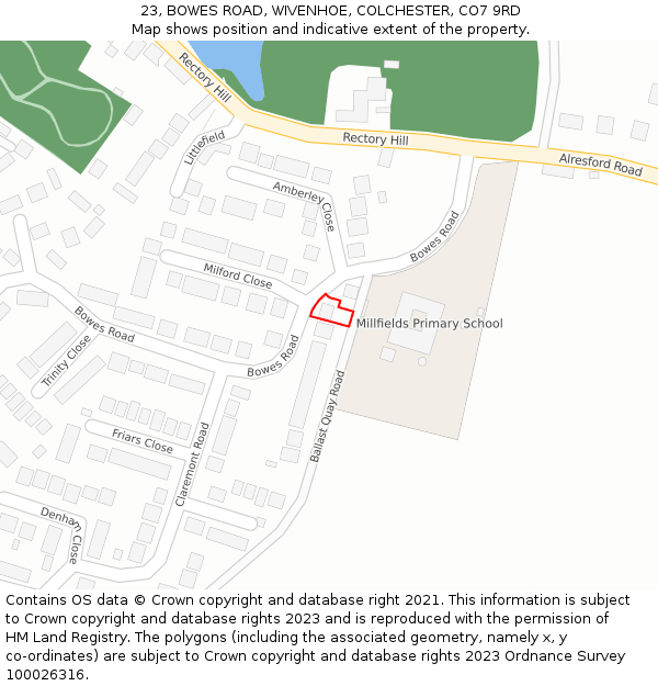 23, BOWES ROAD, WIVENHOE, COLCHESTER, CO7 9RD: Location map and indicative extent of plot