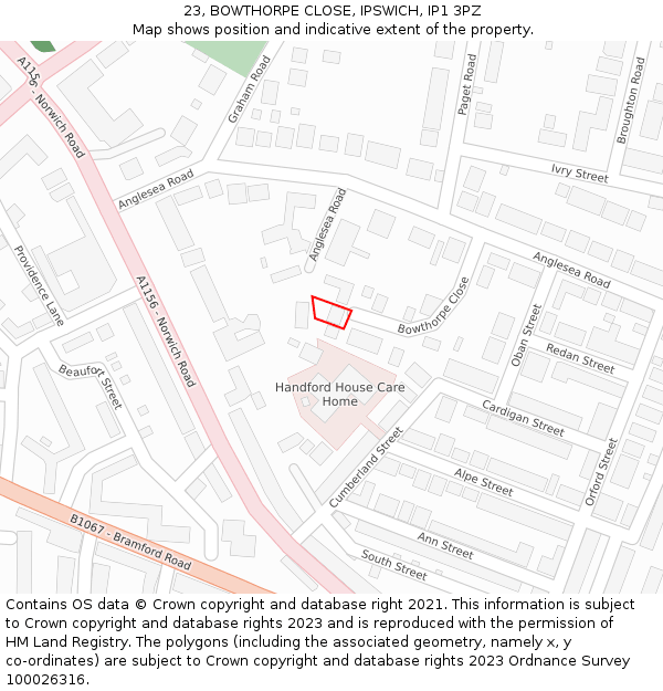 23, BOWTHORPE CLOSE, IPSWICH, IP1 3PZ: Location map and indicative extent of plot