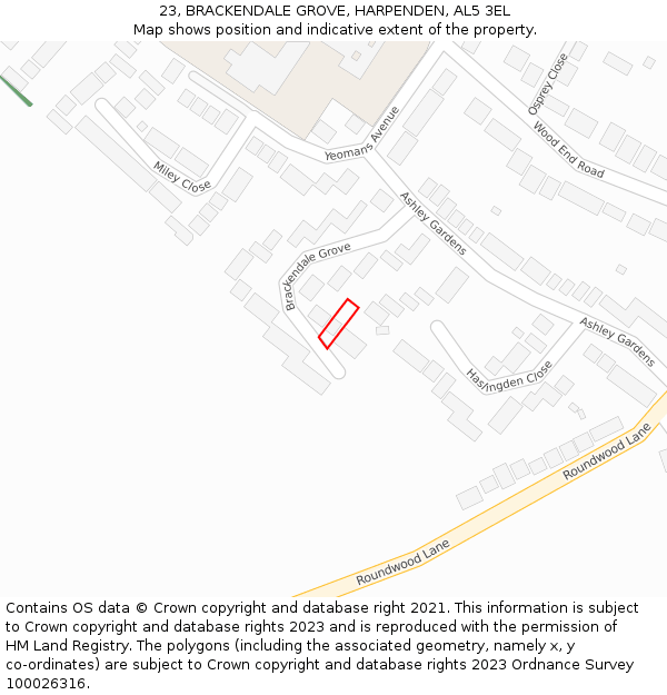 23, BRACKENDALE GROVE, HARPENDEN, AL5 3EL: Location map and indicative extent of plot