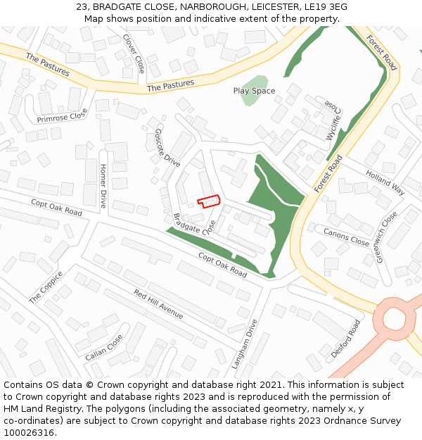 23, BRADGATE CLOSE, NARBOROUGH, LEICESTER, LE19 3EG: Location map and indicative extent of plot