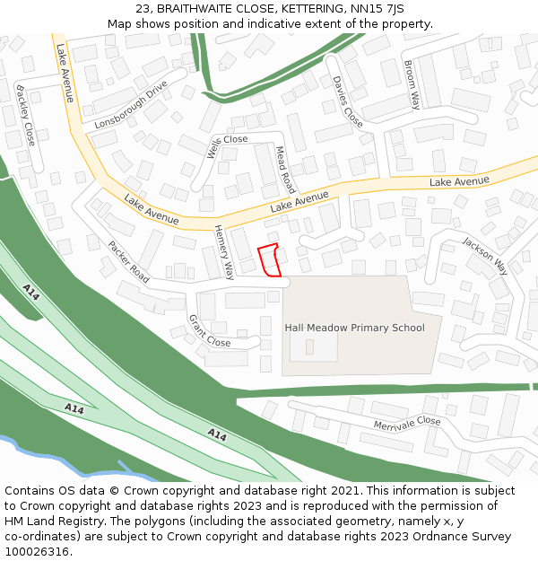 23, BRAITHWAITE CLOSE, KETTERING, NN15 7JS: Location map and indicative extent of plot