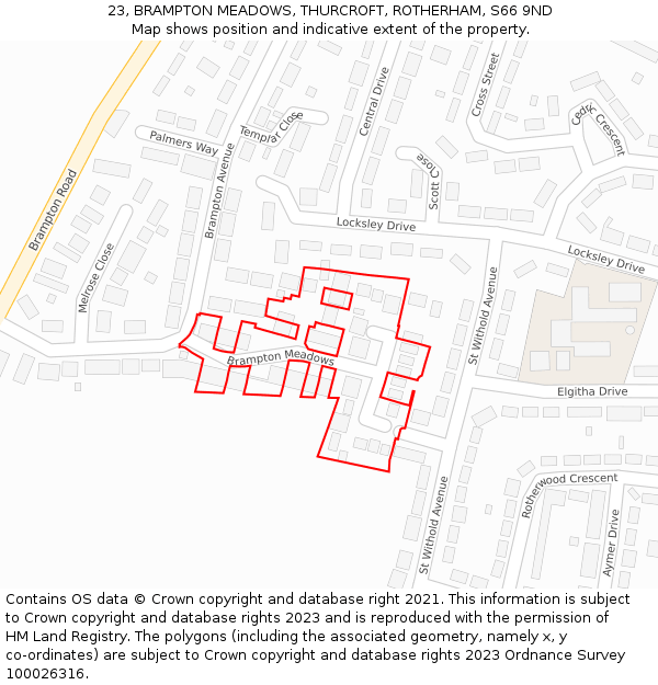 23, BRAMPTON MEADOWS, THURCROFT, ROTHERHAM, S66 9ND: Location map and indicative extent of plot