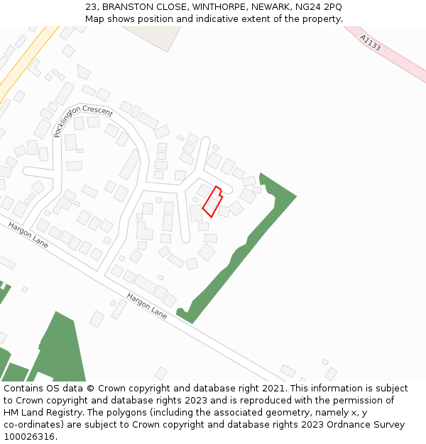 23, BRANSTON CLOSE, WINTHORPE, NEWARK, NG24 2PQ: Location map and indicative extent of plot