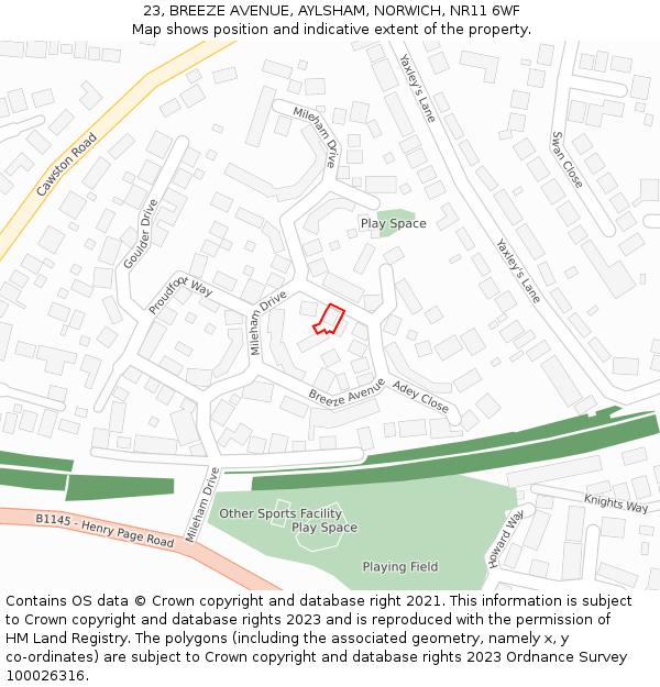 23, BREEZE AVENUE, AYLSHAM, NORWICH, NR11 6WF: Location map and indicative extent of plot