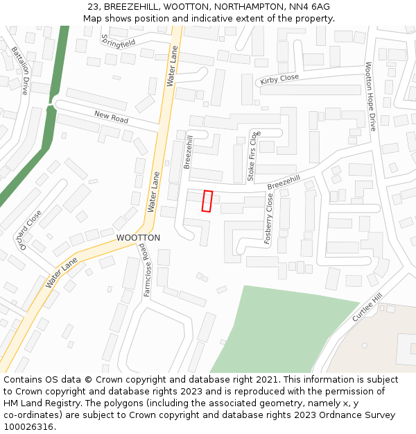 23, BREEZEHILL, WOOTTON, NORTHAMPTON, NN4 6AG: Location map and indicative extent of plot