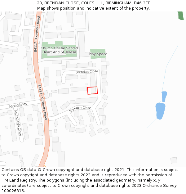 23, BRENDAN CLOSE, COLESHILL, BIRMINGHAM, B46 3EF: Location map and indicative extent of plot