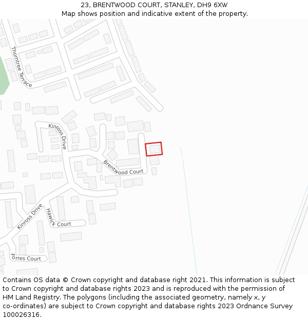 23, BRENTWOOD COURT, STANLEY, DH9 6XW: Location map and indicative extent of plot