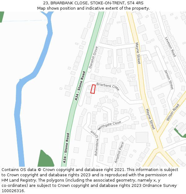 23, BRIARBANK CLOSE, STOKE-ON-TRENT, ST4 4RS: Location map and indicative extent of plot