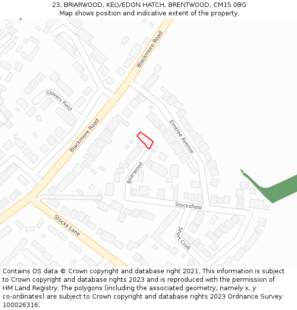 23, BRIARWOOD, KELVEDON HATCH, BRENTWOOD, CM15 0BG: Location map and indicative extent of plot