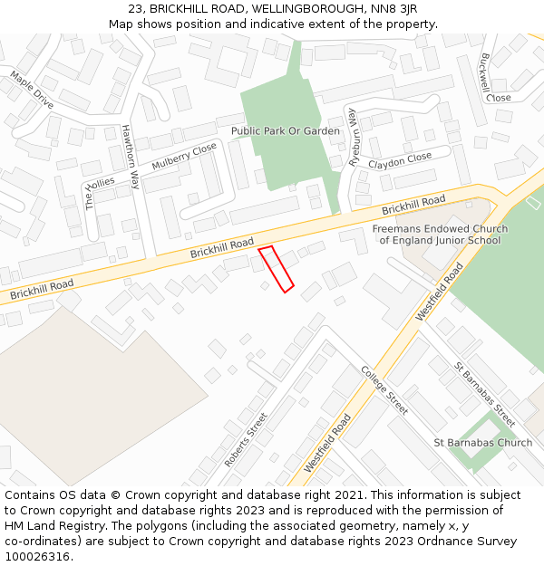 23, BRICKHILL ROAD, WELLINGBOROUGH, NN8 3JR: Location map and indicative extent of plot