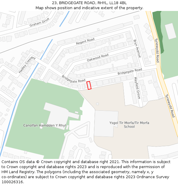 23, BRIDGEGATE ROAD, RHYL, LL18 4BL: Location map and indicative extent of plot