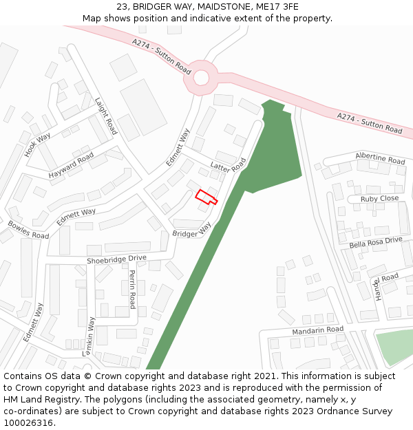 23, BRIDGER WAY, MAIDSTONE, ME17 3FE: Location map and indicative extent of plot