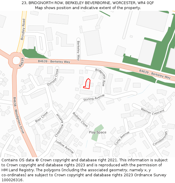 23, BRIDGNORTH ROW, BERKELEY BEVERBORNE, WORCESTER, WR4 0QF: Location map and indicative extent of plot