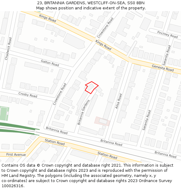 23, BRITANNIA GARDENS, WESTCLIFF-ON-SEA, SS0 8BN: Location map and indicative extent of plot