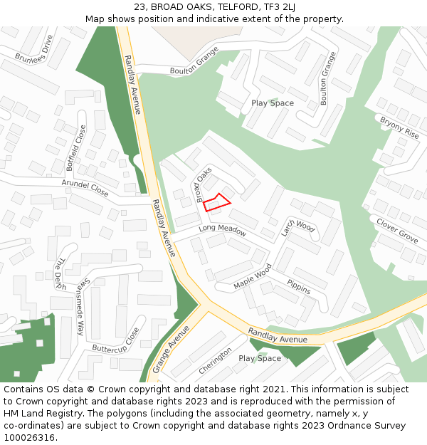 23, BROAD OAKS, TELFORD, TF3 2LJ: Location map and indicative extent of plot