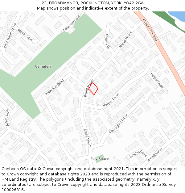 23, BROADMANOR, POCKLINGTON, YORK, YO42 2GA: Location map and indicative extent of plot