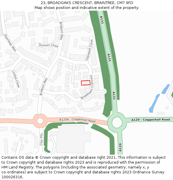 23, BROADOAKS CRESCENT, BRAINTREE, CM7 9FD: Location map and indicative extent of plot