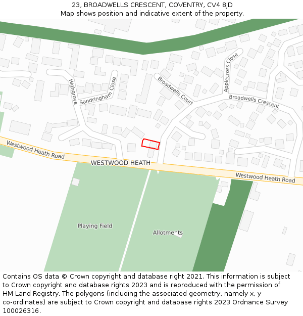 23, BROADWELLS CRESCENT, COVENTRY, CV4 8JD: Location map and indicative extent of plot
