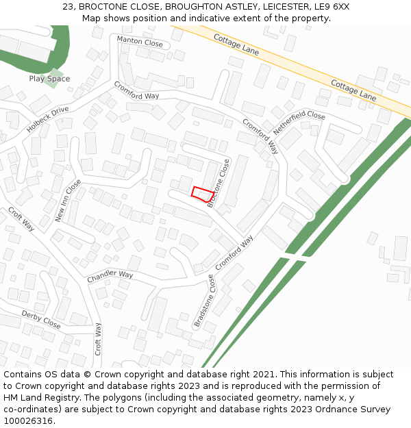 23, BROCTONE CLOSE, BROUGHTON ASTLEY, LEICESTER, LE9 6XX: Location map and indicative extent of plot
