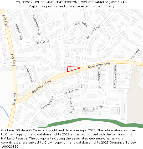 23, BROOK HOUSE LANE, FEATHERSTONE, WOLVERHAMPTON, WV10 7AW: Location map and indicative extent of plot
