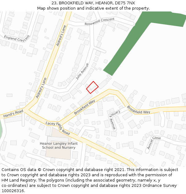 23, BROOKFIELD WAY, HEANOR, DE75 7NX: Location map and indicative extent of plot