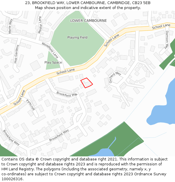 23, BROOKFIELD WAY, LOWER CAMBOURNE, CAMBRIDGE, CB23 5EB: Location map and indicative extent of plot