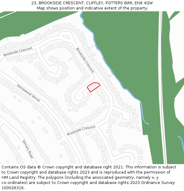 23, BROOKSIDE CRESCENT, CUFFLEY, POTTERS BAR, EN6 4QW: Location map and indicative extent of plot