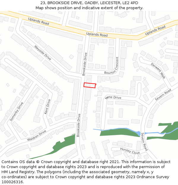23, BROOKSIDE DRIVE, OADBY, LEICESTER, LE2 4PD: Location map and indicative extent of plot