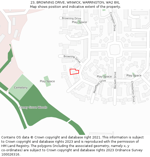 23, BROWNING DRIVE, WINWICK, WARRINGTON, WA2 8XL: Location map and indicative extent of plot