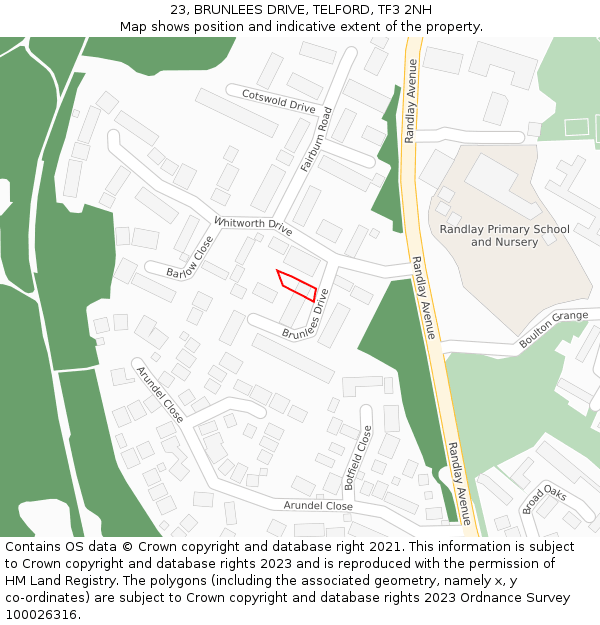 23, BRUNLEES DRIVE, TELFORD, TF3 2NH: Location map and indicative extent of plot