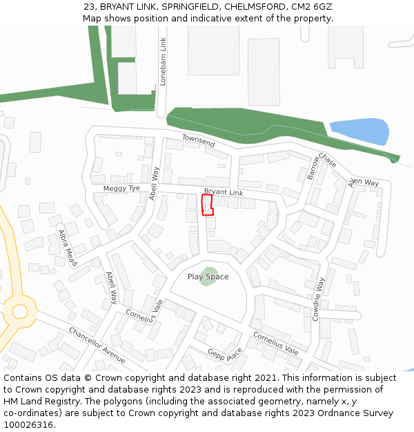 23, BRYANT LINK, SPRINGFIELD, CHELMSFORD, CM2 6GZ: Location map and indicative extent of plot